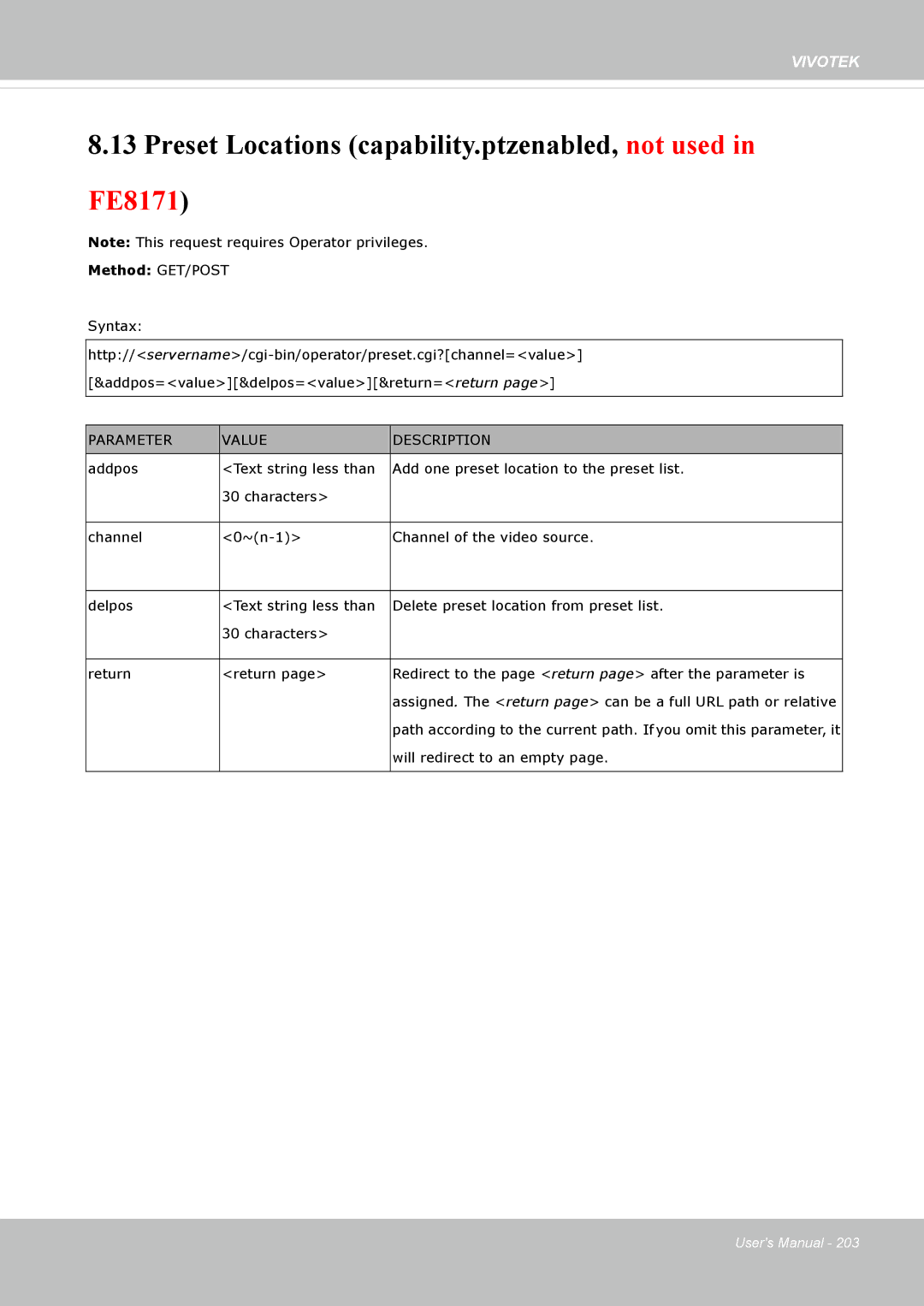 Vivotek 72P, IP8172 user manual Preset Locations capability.ptzenabled, not used in FE8171 