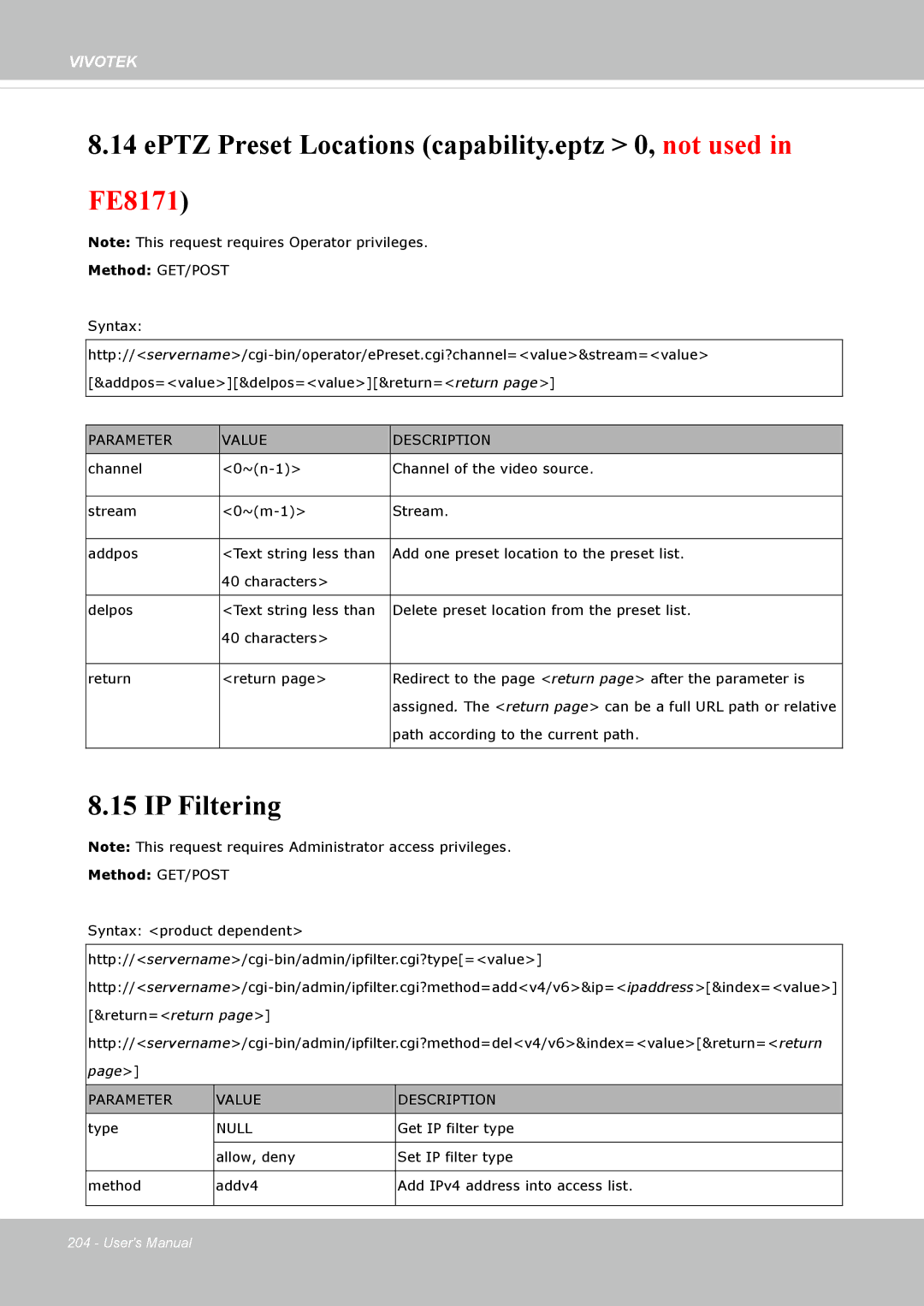 Vivotek IP8172, 72P user manual EPTZ Preset Locations capability.eptz 0, not used in FE8171, IP Filtering 