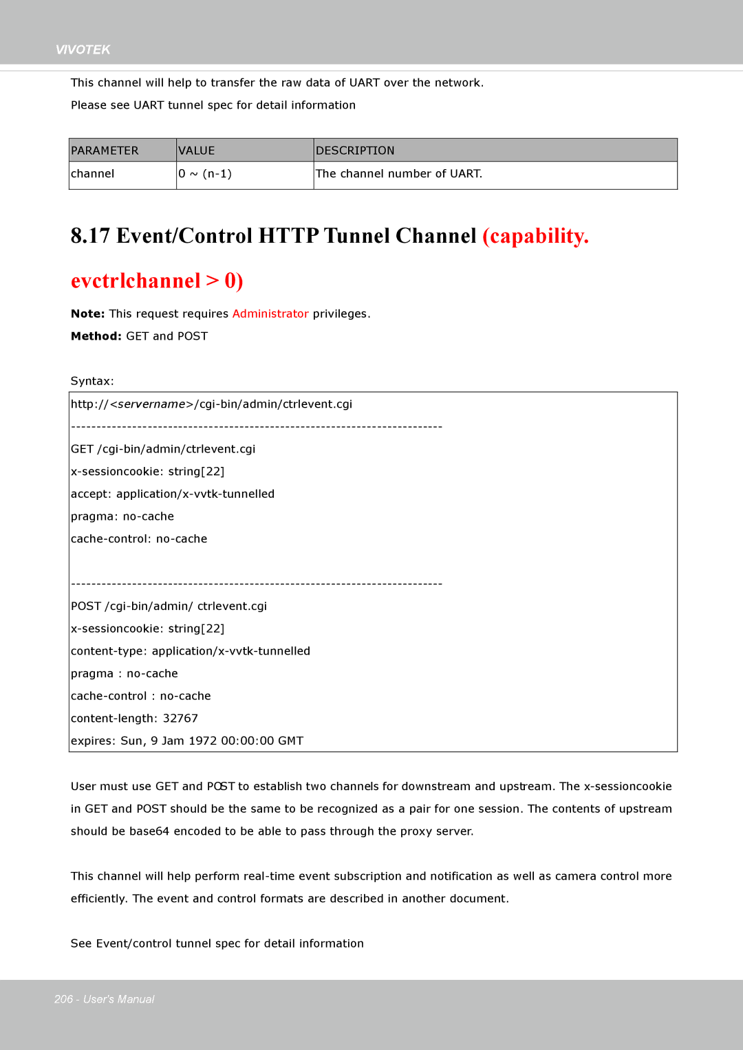 Vivotek IP8172, 72P user manual Event/Control Http Tunnel Channel capability. evctrlchannel 