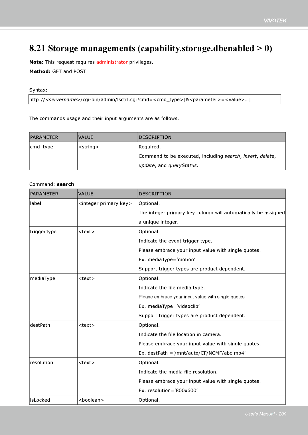 Vivotek 72P, IP8172 user manual Storage managements capability.storage.dbenabled, Update, and queryStatus 