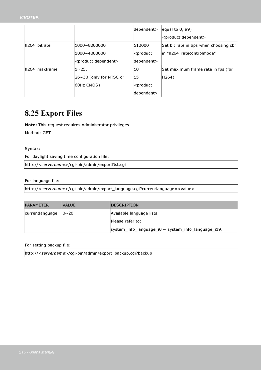 Vivotek IP8172, 72P user manual Export Files, Parameter Value Description 