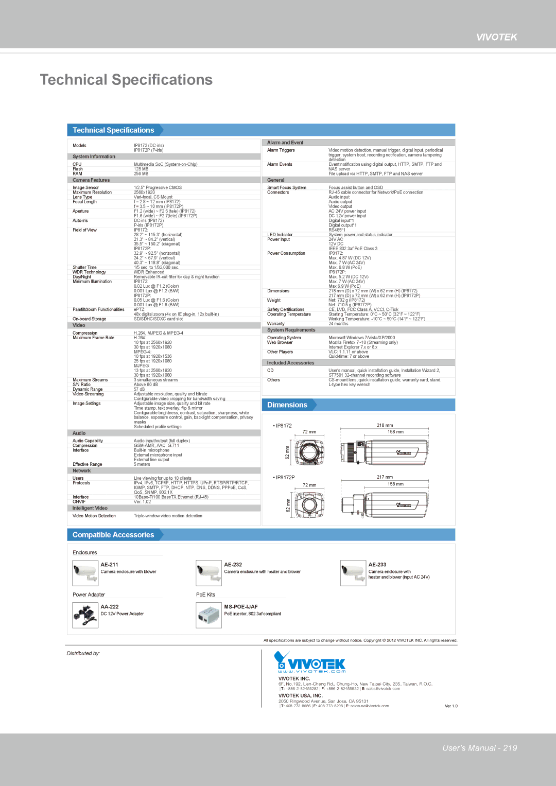 Vivotek 72P, IP8172 user manual Technical Specifications 