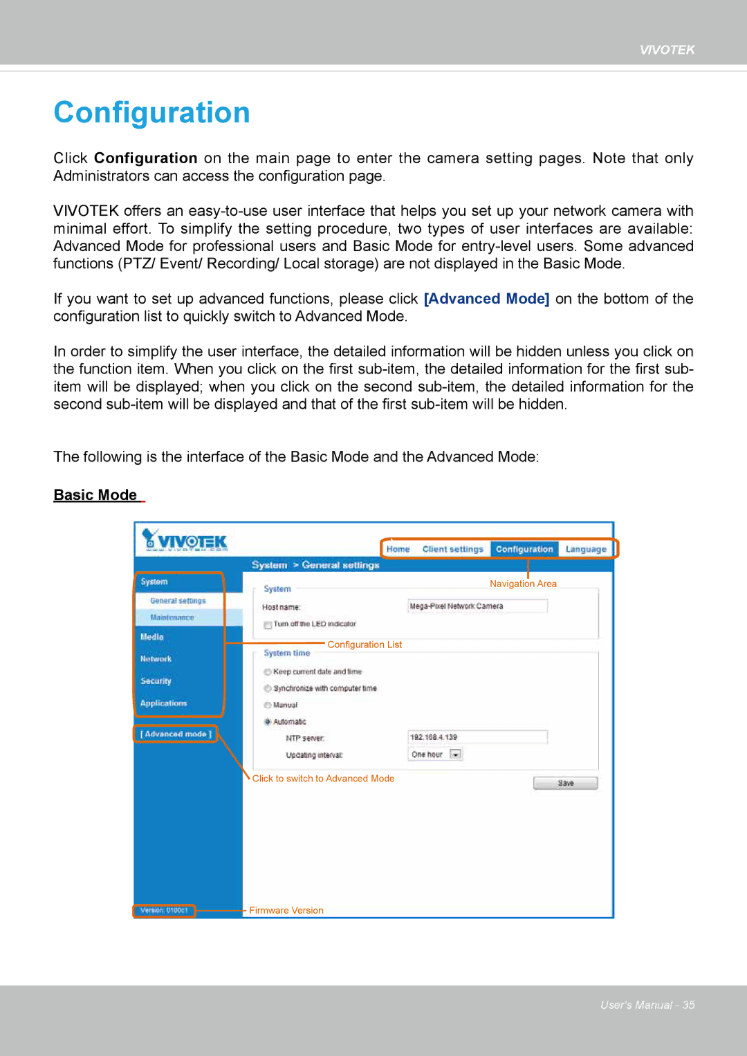 Vivotek 72P, IP8172 user manual Configuration 