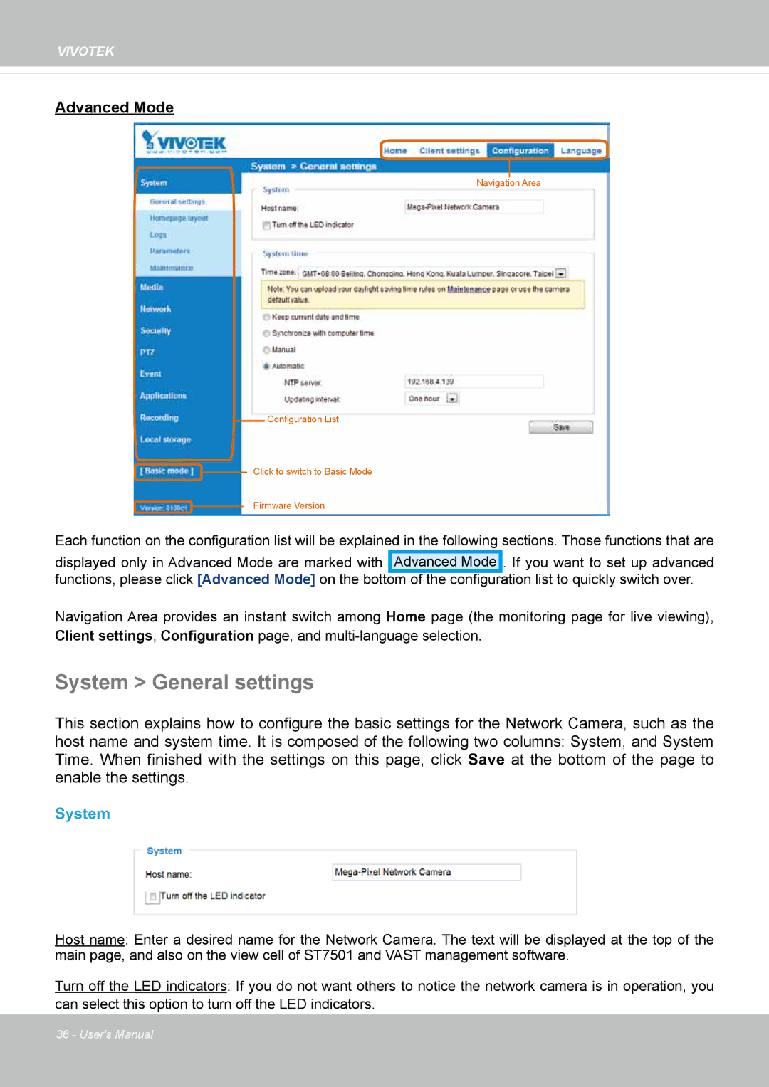 Vivotek IP8172, 72P user manual System General settings 