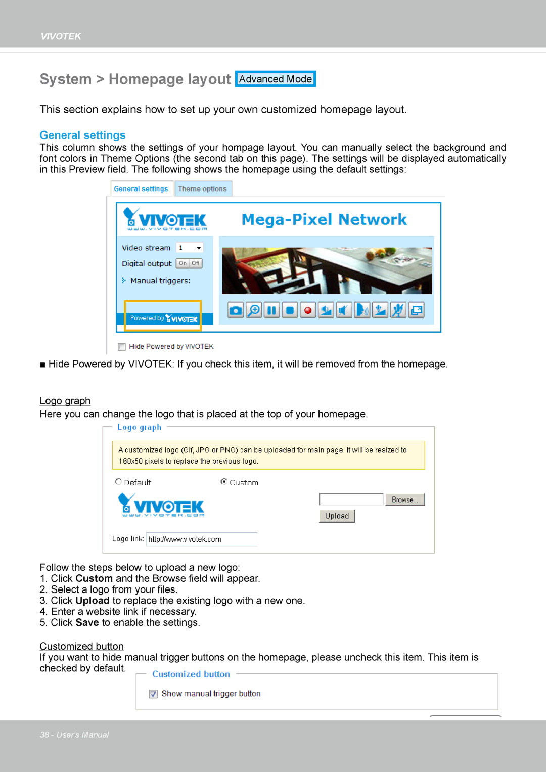 Vivotek IP8172, 72P user manual System Homepage layout, General settings 