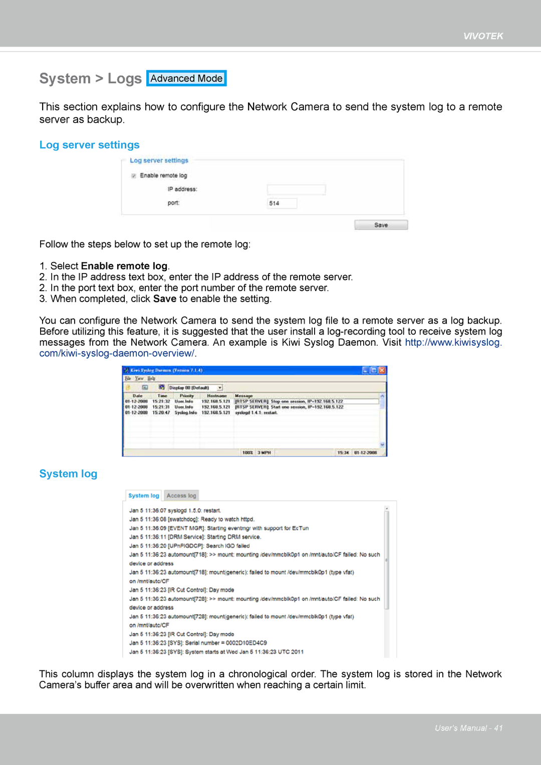 Vivotek 72P, IP8172 user manual System Logs, Log server settings, System log 