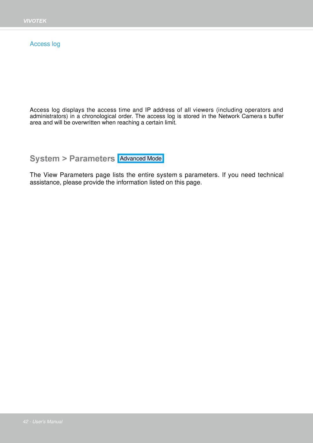 Vivotek IP8172, 72P user manual System Parameters, Access log 