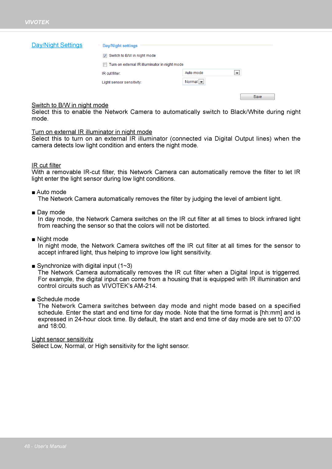Vivotek IP8172, 72P user manual Day/Night Settings 