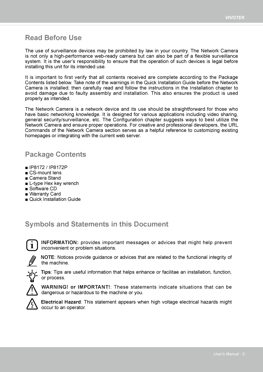 Vivotek 72P, IP8172 user manual Read Before Use, Package Contents, Symbols and Statements in this Document 