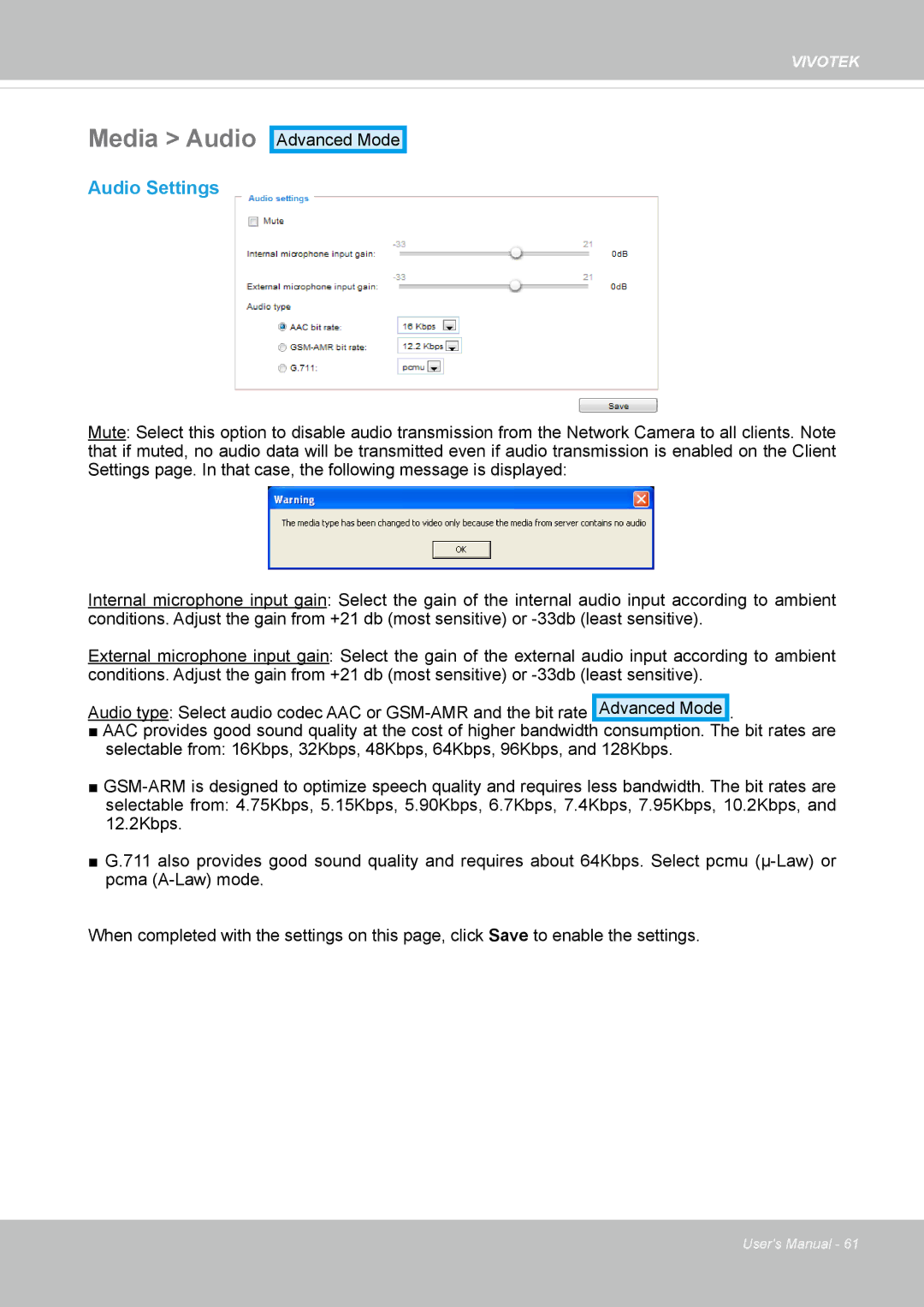 Vivotek 72P, IP8172 user manual Media Audio, Audio Settings 