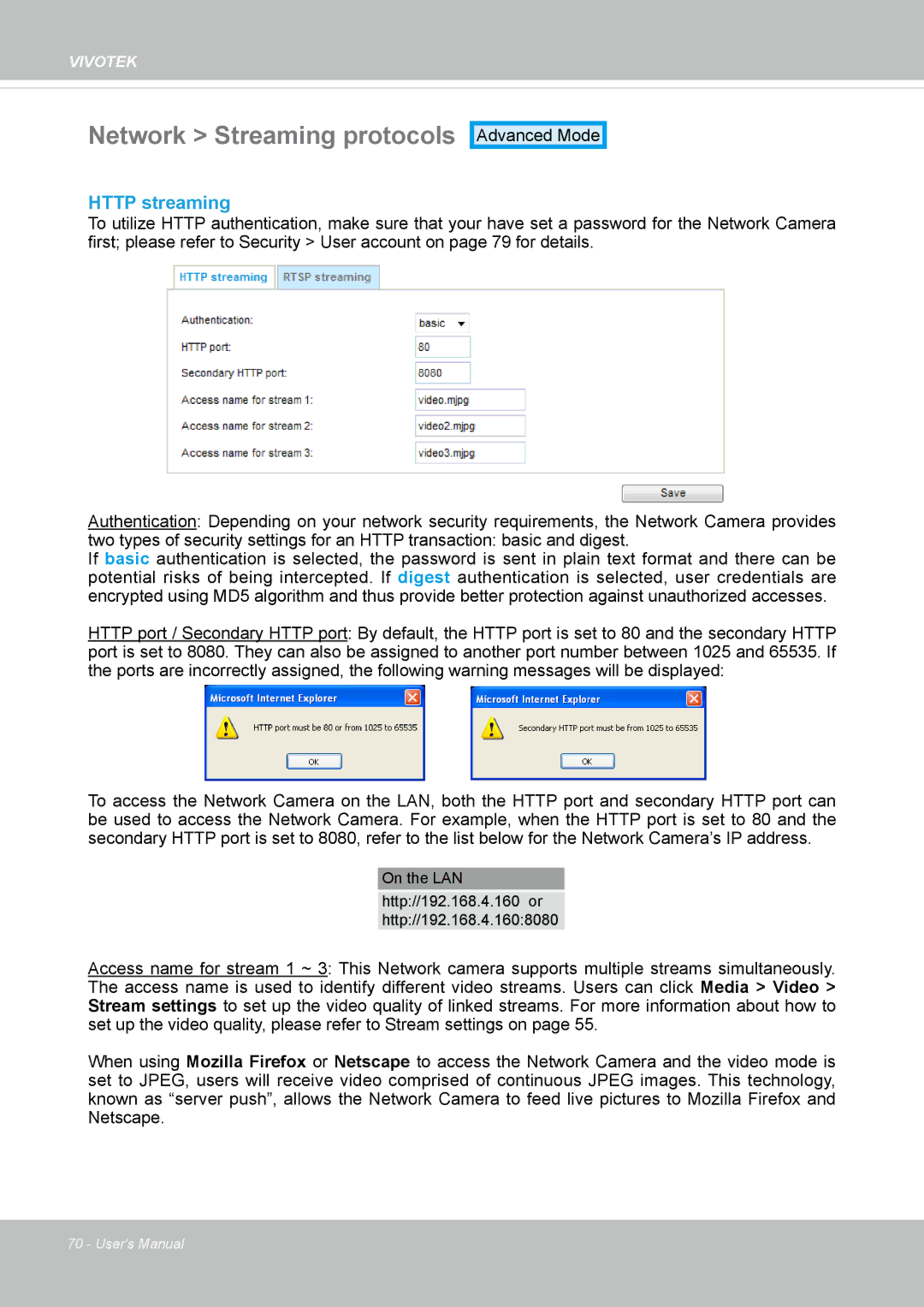 Vivotek IP8172, 72P user manual Network Streaming protocols, Http streaming 