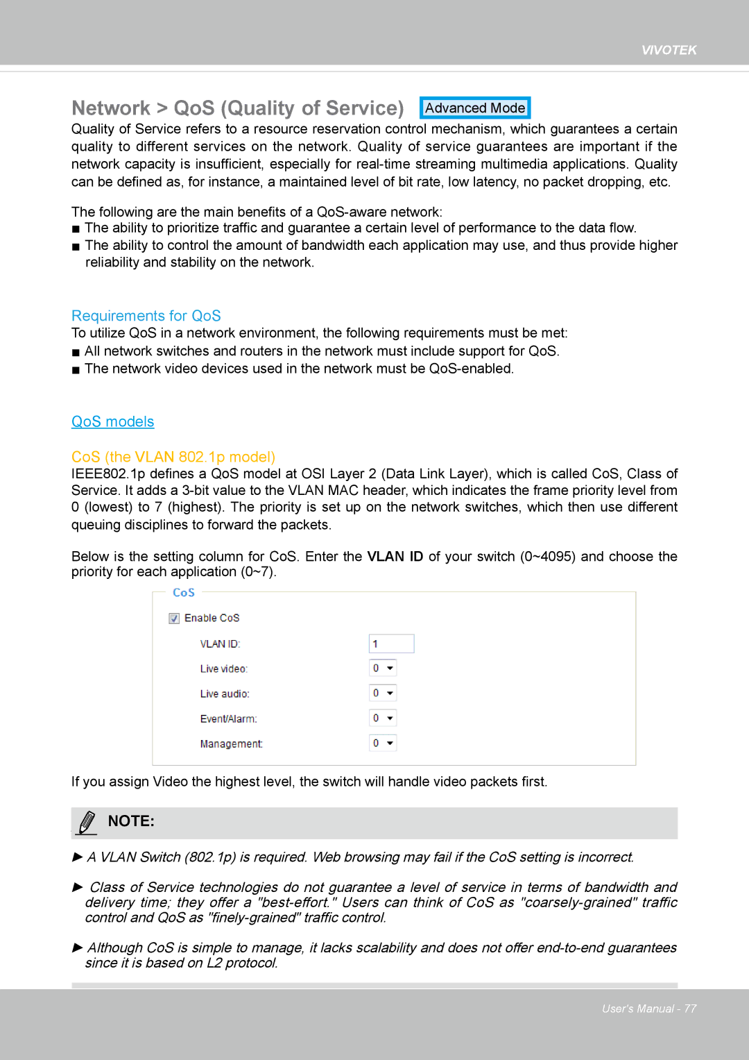 Vivotek 72P, IP8172 user manual Network QoS Quality of Service, Requirements for QoS 