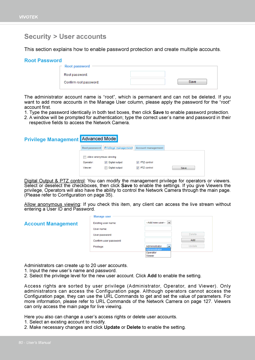 Vivotek IP8172, 72P user manual Security User accounts, Root Password, Privilege Management, Account Management 