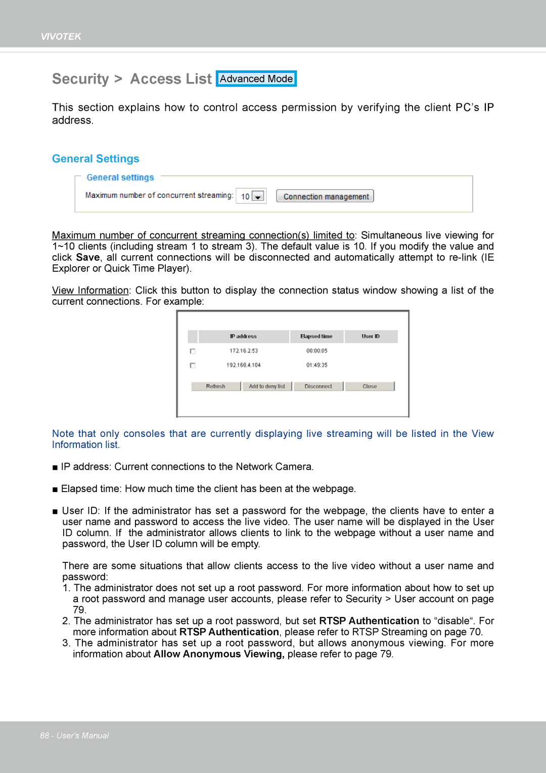 Vivotek IP8172, 72P user manual Security Access List, General Settings 