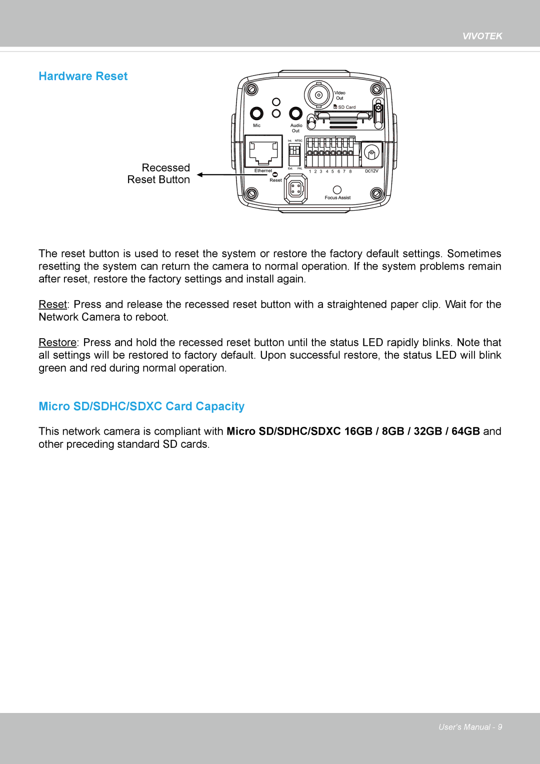 Vivotek 72P, IP8172 user manual Hardware Reset 