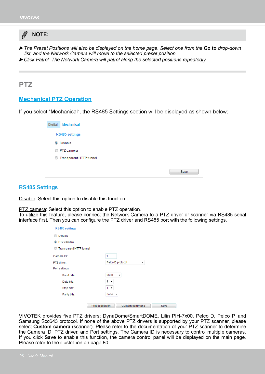 Vivotek IP8172, 72P user manual Ptz, RS485 Settings 