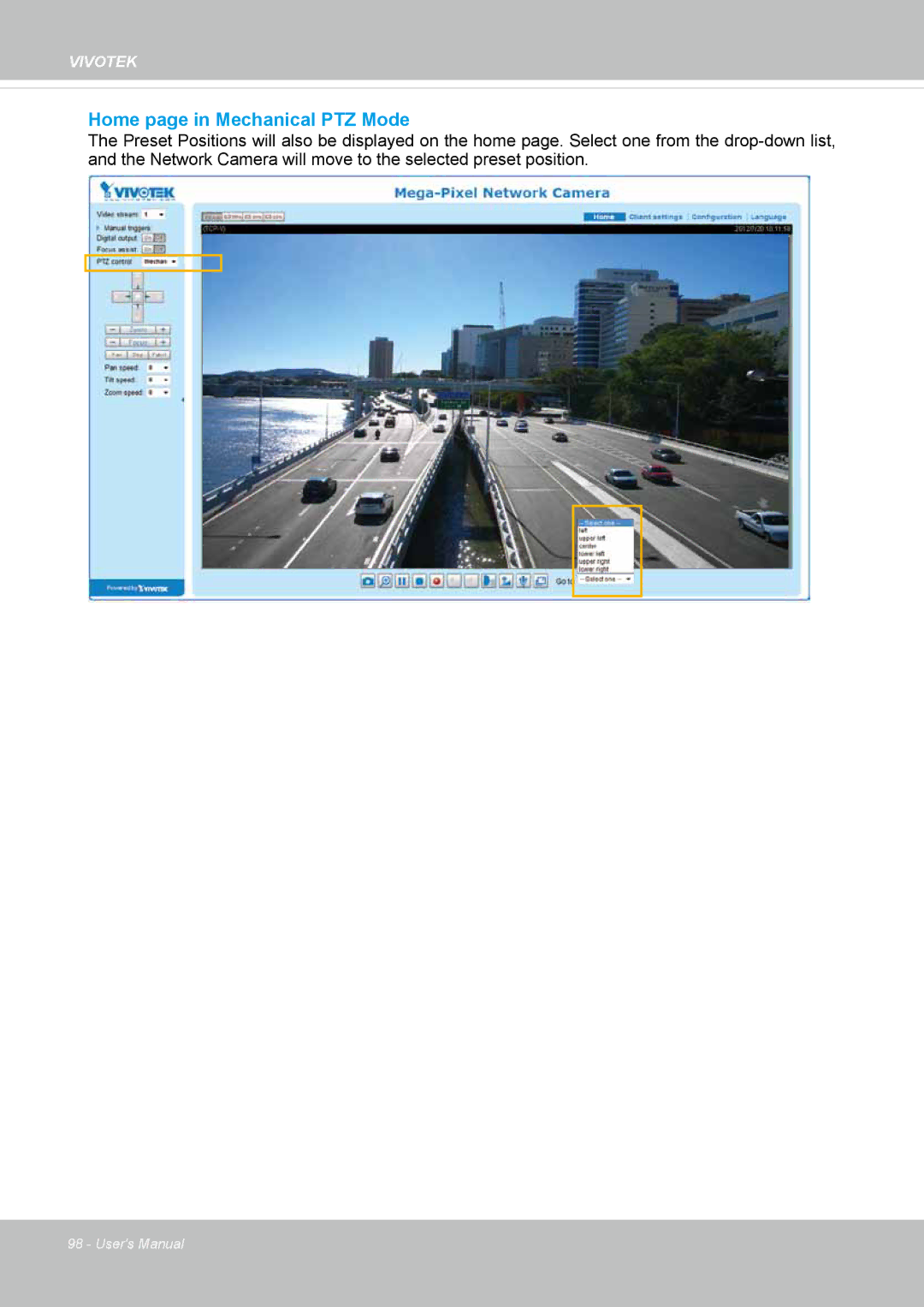 Vivotek IP8172, 72P user manual Home page in Mechanical PTZ Mode 