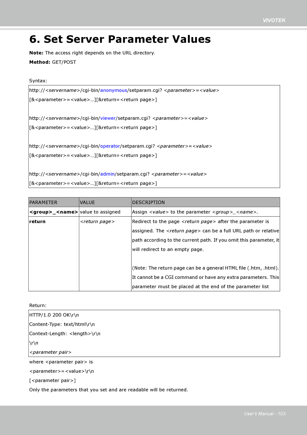 Vivotek 8332, IP8330 user manual Set Server Parameter Values 