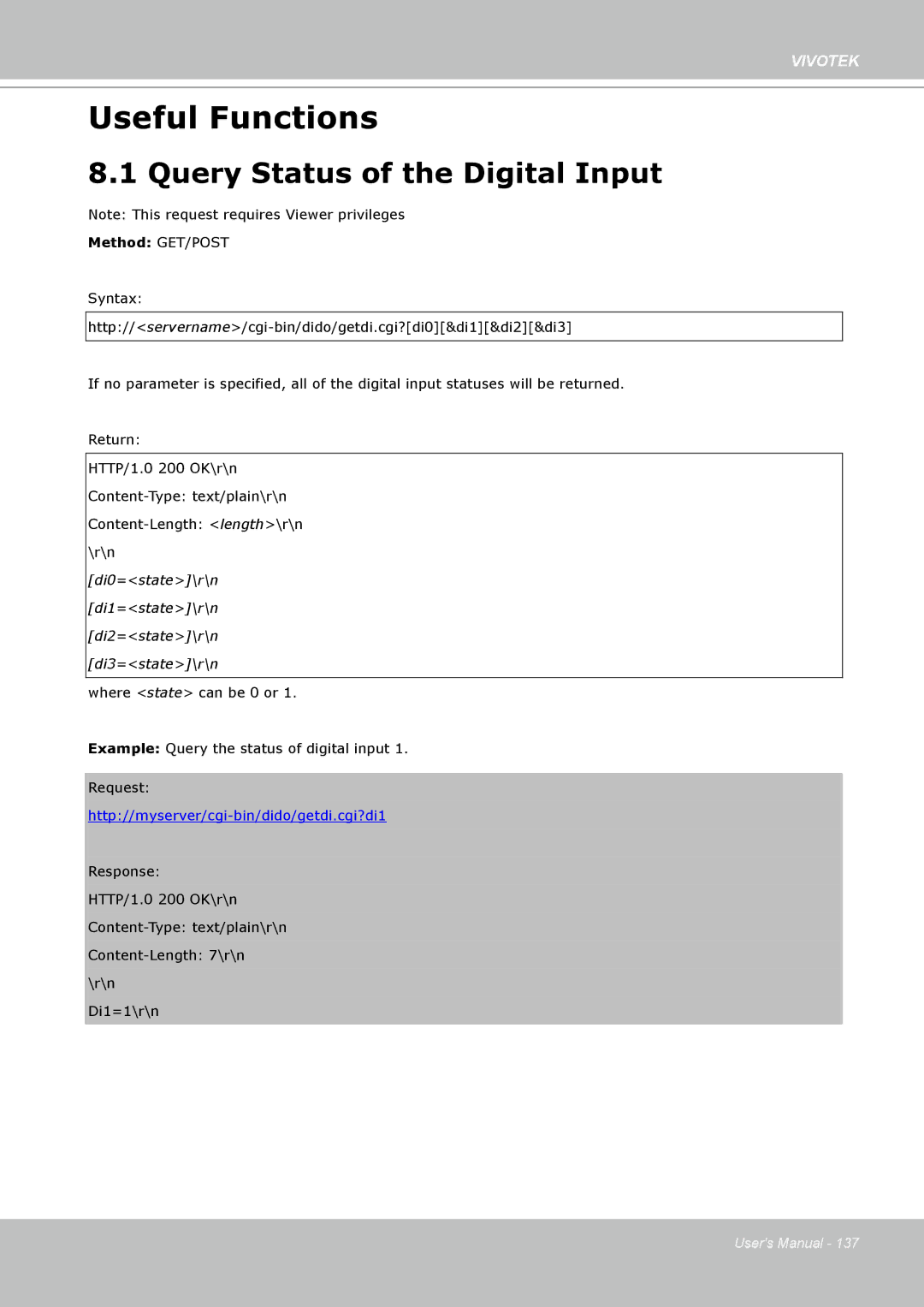 Vivotek 8332, IP8330 user manual Useful Functions, Query Status of the Digital Input 