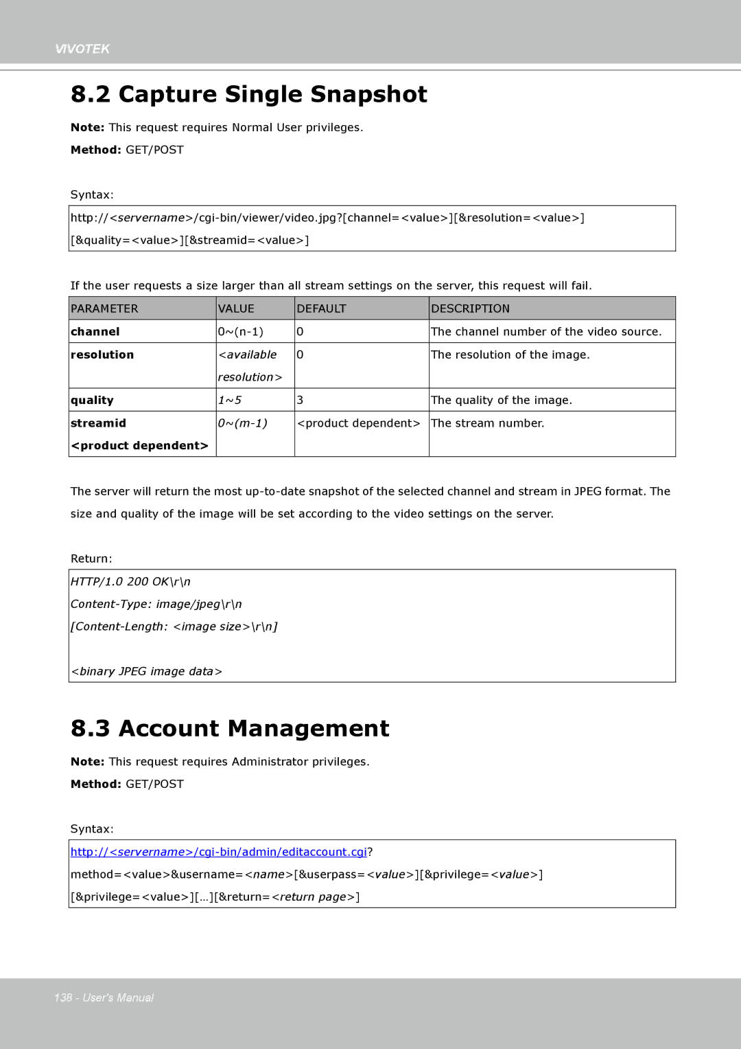 Vivotek IP8330, 8332 user manual Capture Single Snapshot, Account Management 