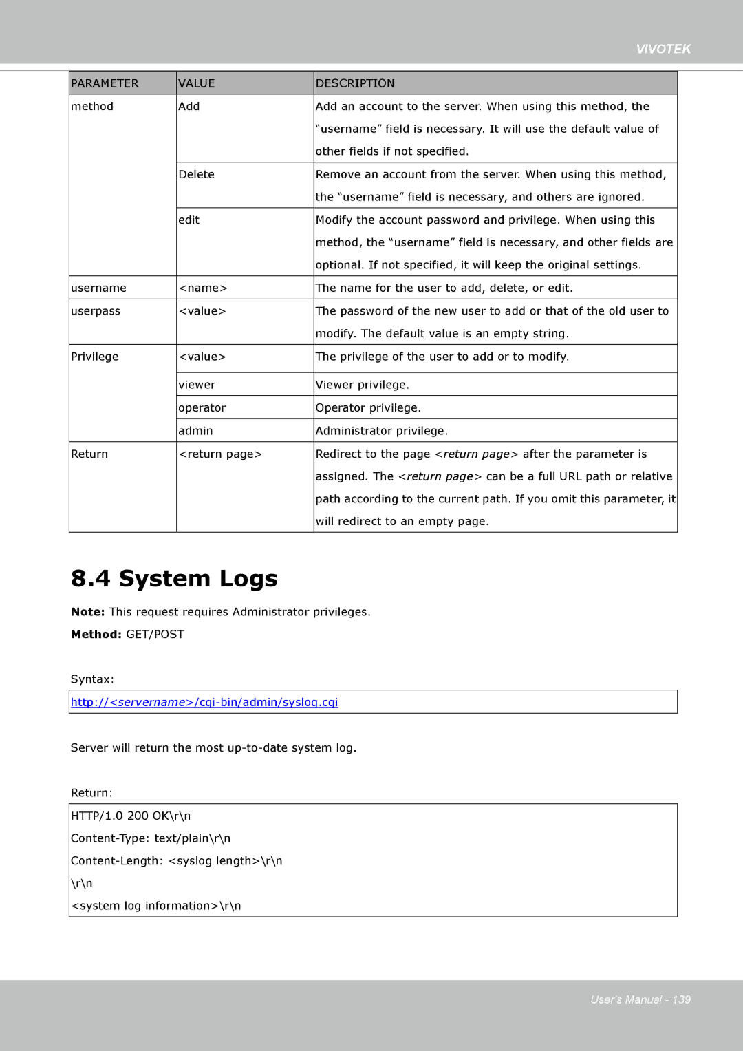 Vivotek 8332, IP8330 user manual System Logs, Http//servername/cgi-bin/admin/syslog.cgi 