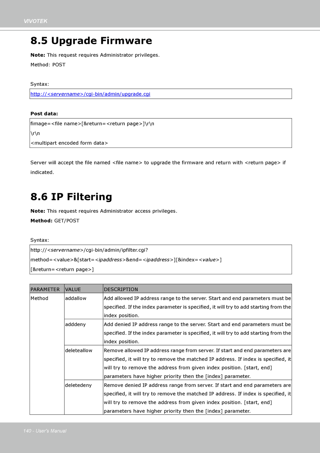 Vivotek IP8330, 8332 user manual Upgrade Firmware, IP Filtering 