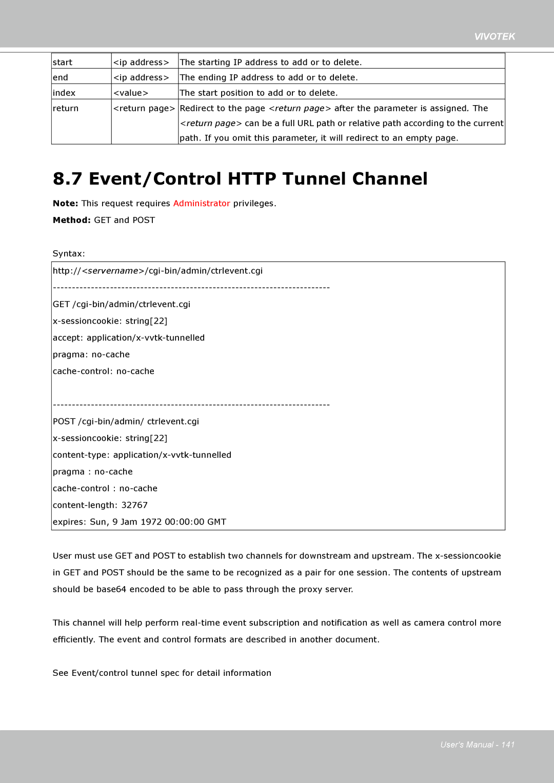 Vivotek 8332, IP8330 user manual Event/Control Http Tunnel Channel 