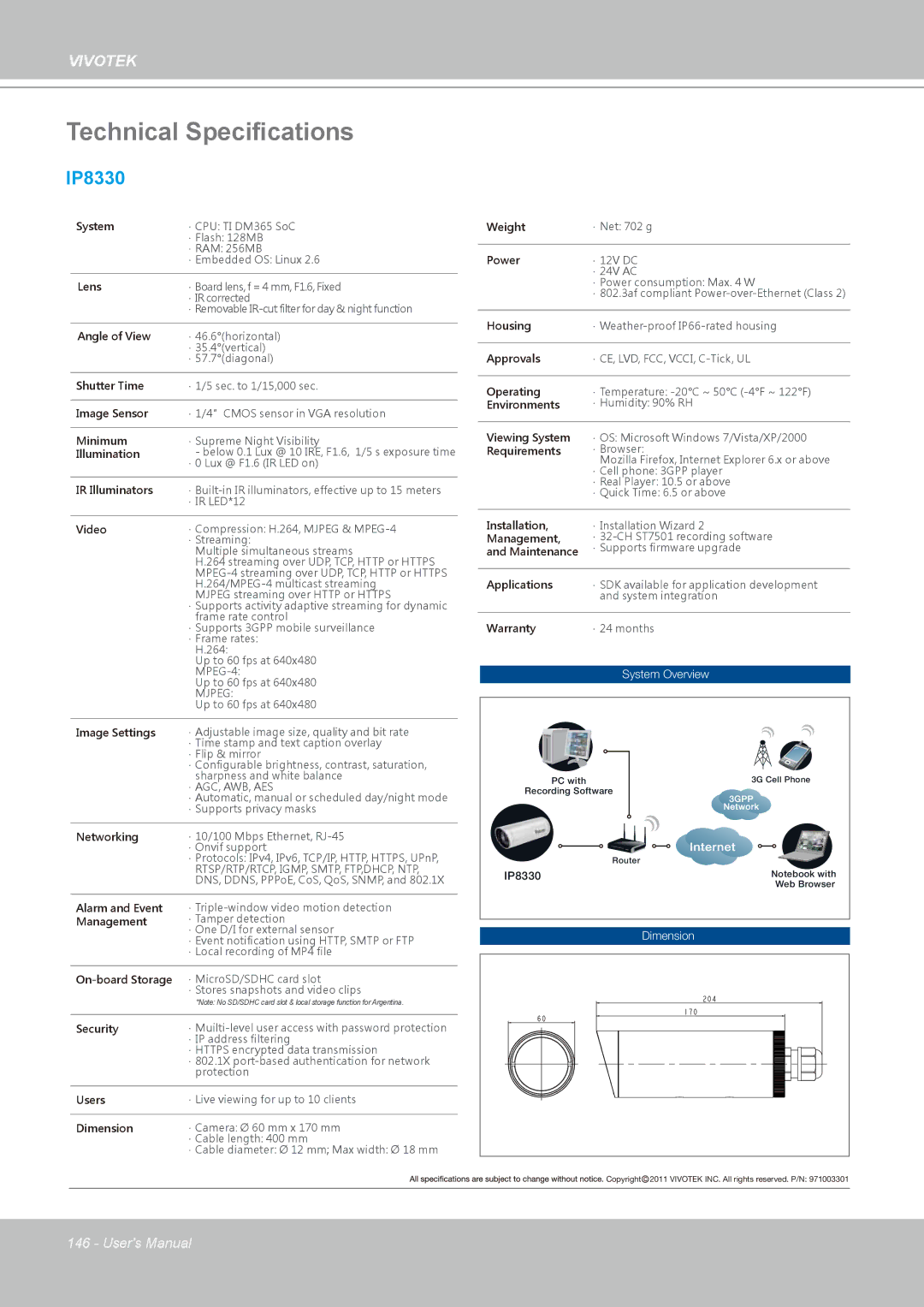 Vivotek IP8330, 8332 user manual Technical Specifications 