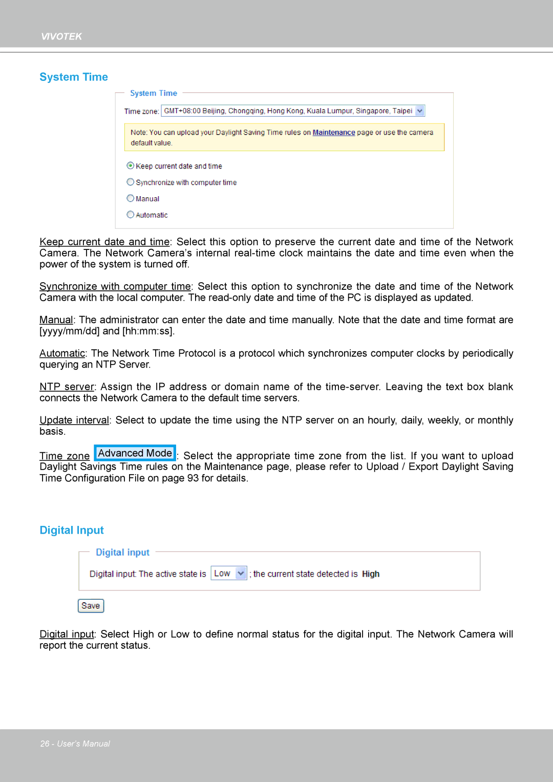 Vivotek IP8330, 8332 user manual System Time, Digital Input 