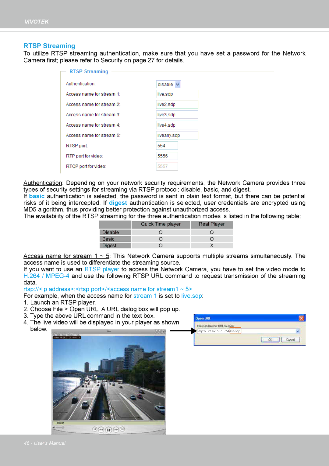 Vivotek IP8330, 8332 user manual Rtsp Streaming 