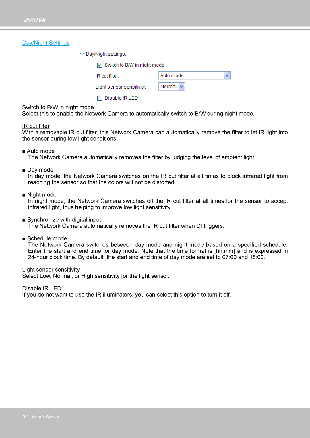 Vivotek IP8330, 8332 user manual Day/Night Settings 