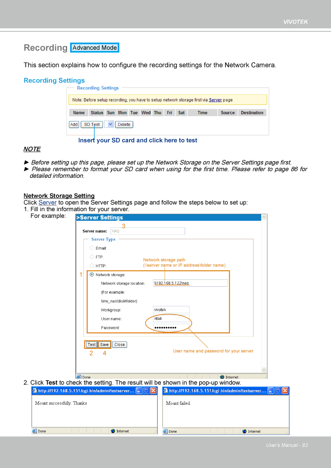 Vivotek 8332, IP8330 user manual Recording Settings 