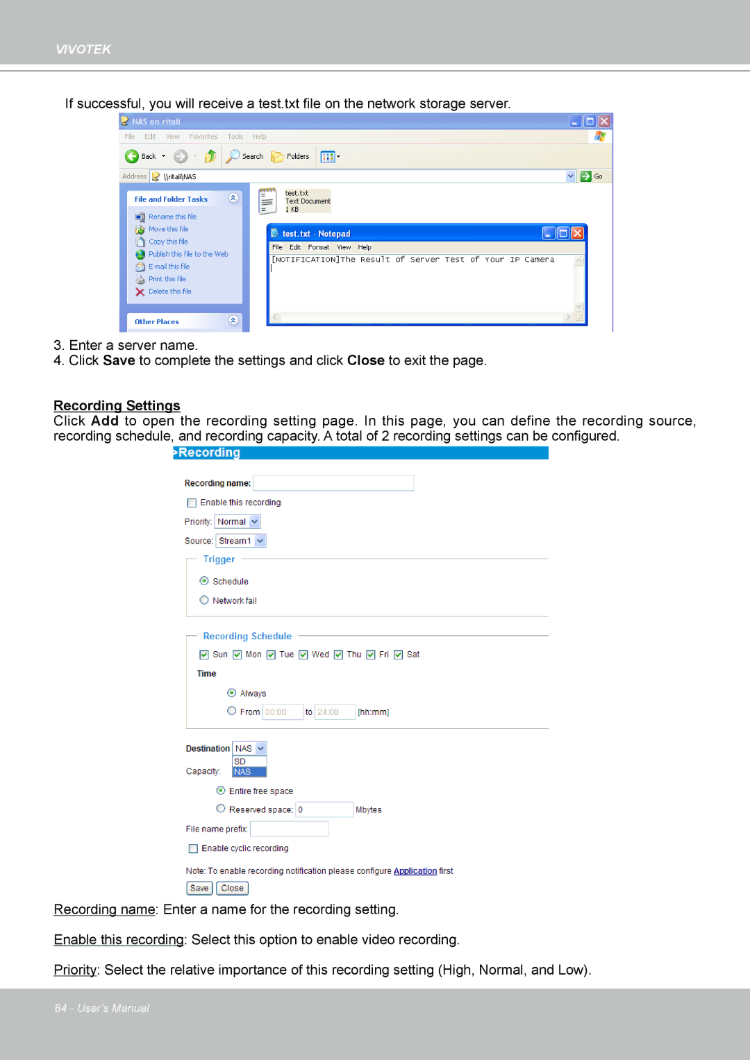 Vivotek IP8330, 8332 user manual Recording Settings 