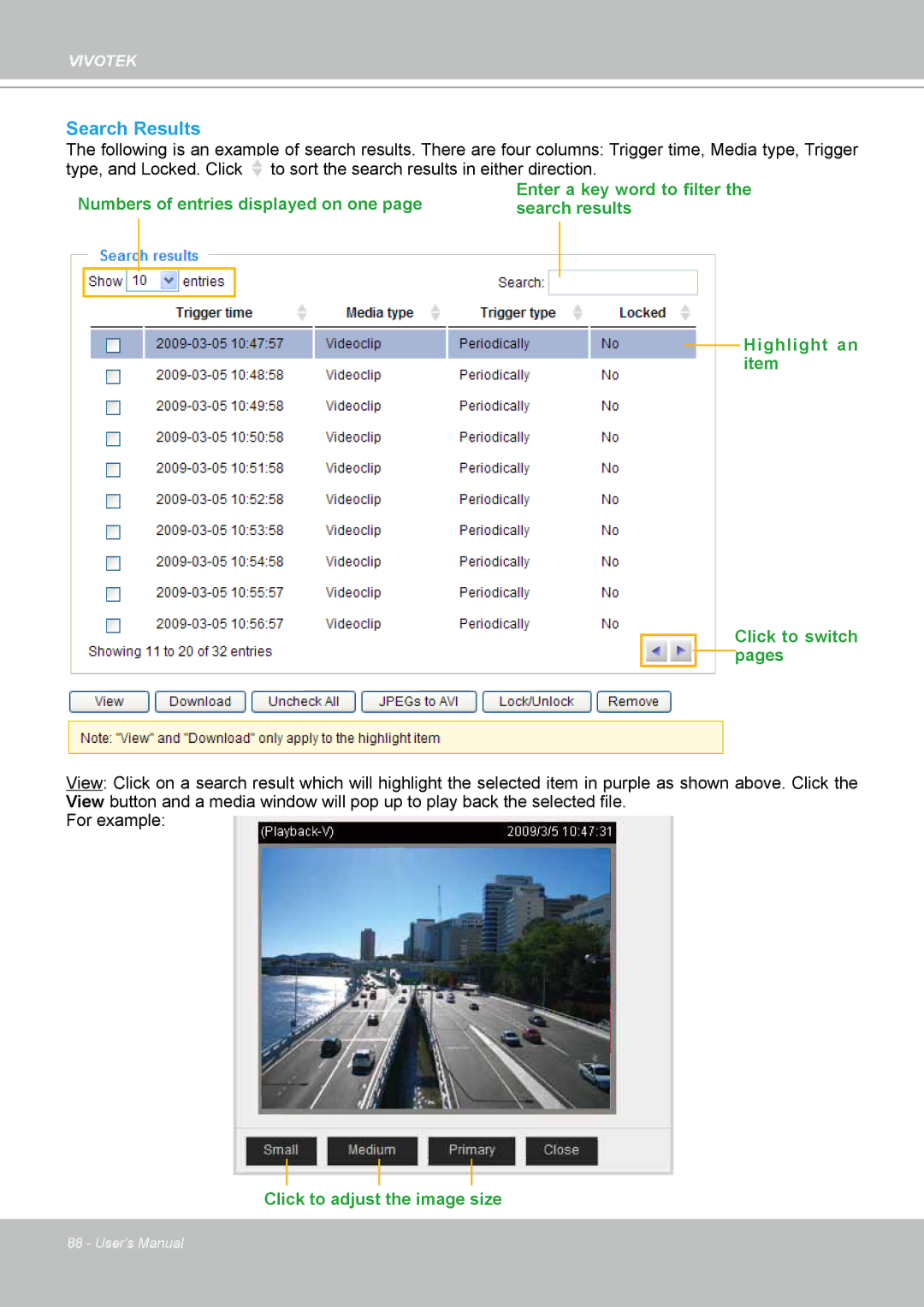 Vivotek IP8330, 8332 user manual Search Results, Click to adjust the image size 