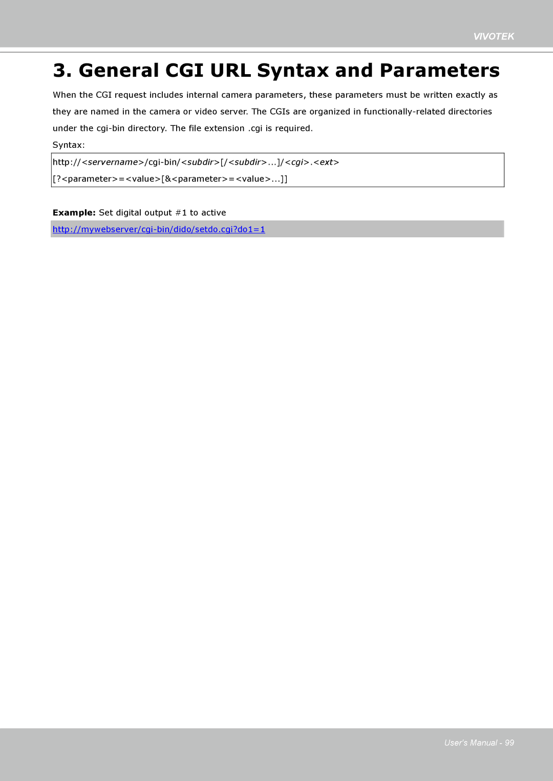 Vivotek 8332, IP8330 user manual General CGI URL Syntax and Parameters 