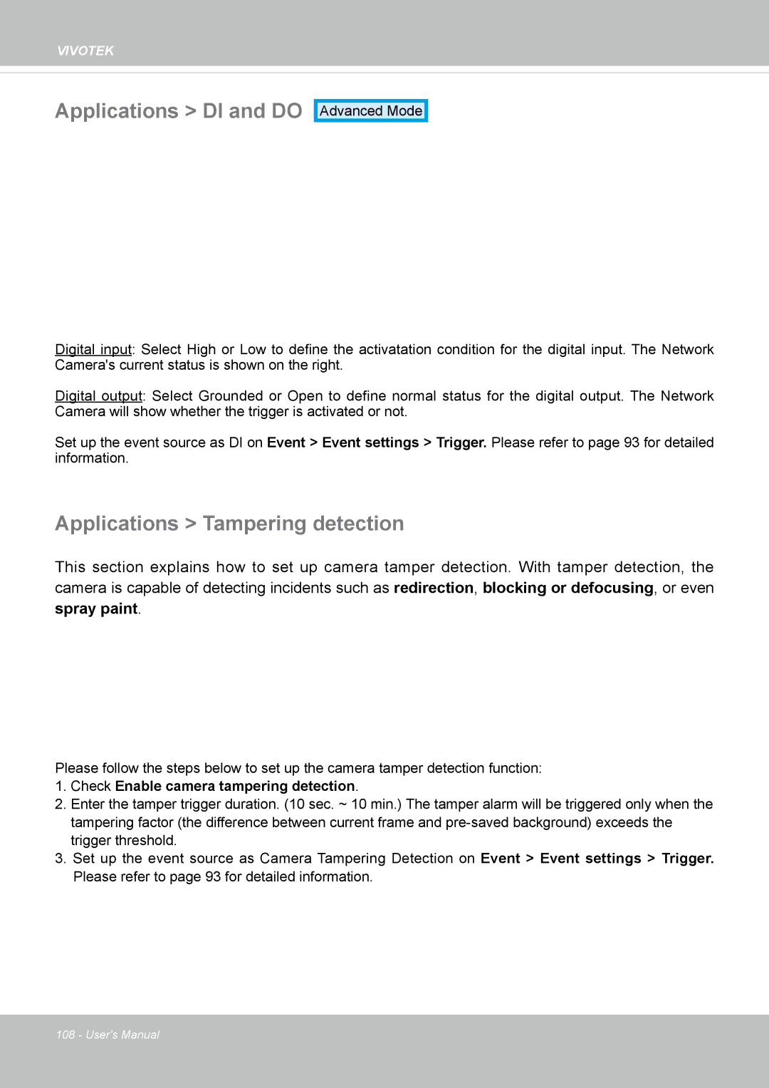 Vivotek IP8335H manual Applications DI and do, Applications Tampering detection 