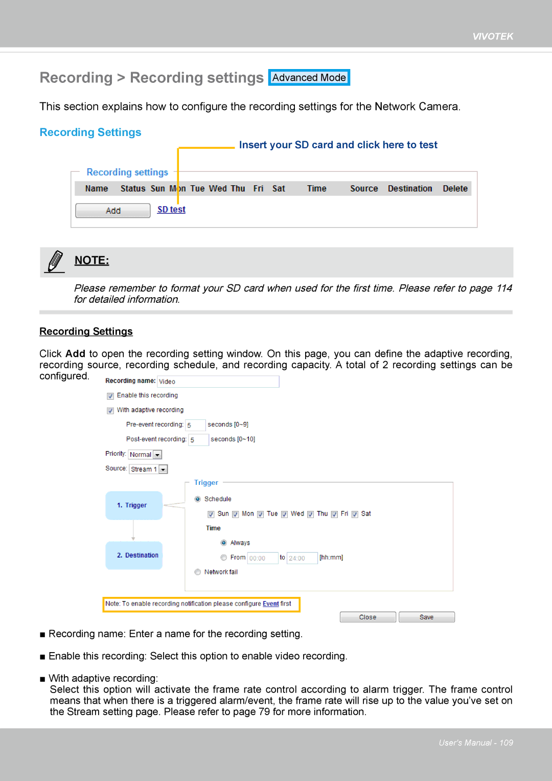 Vivotek IP8335H manual Recording Recording settings, Recording Settings 