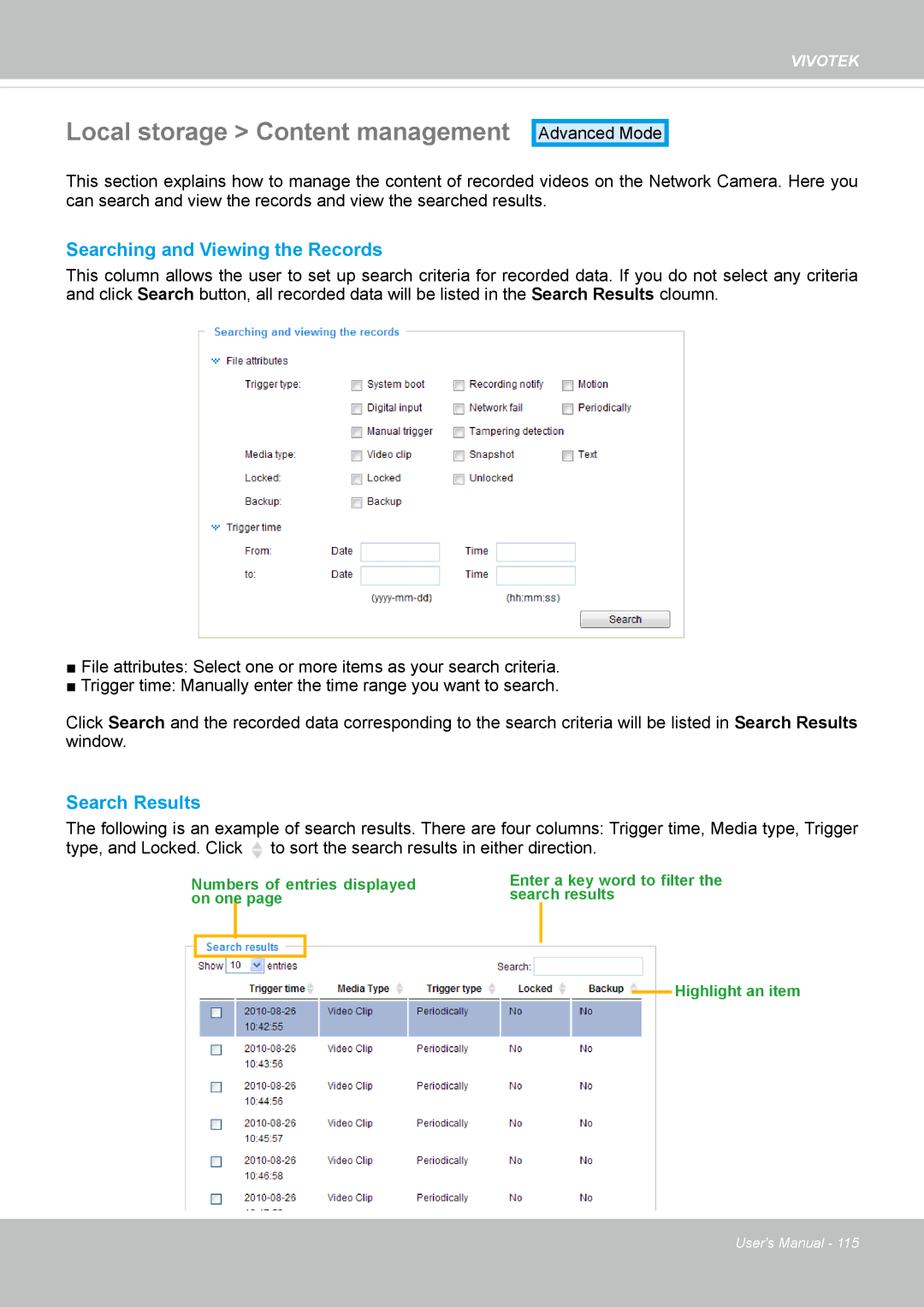 Vivotek IP8335H manual Local storage Content management, Searching and Viewing the Records, Search Results 