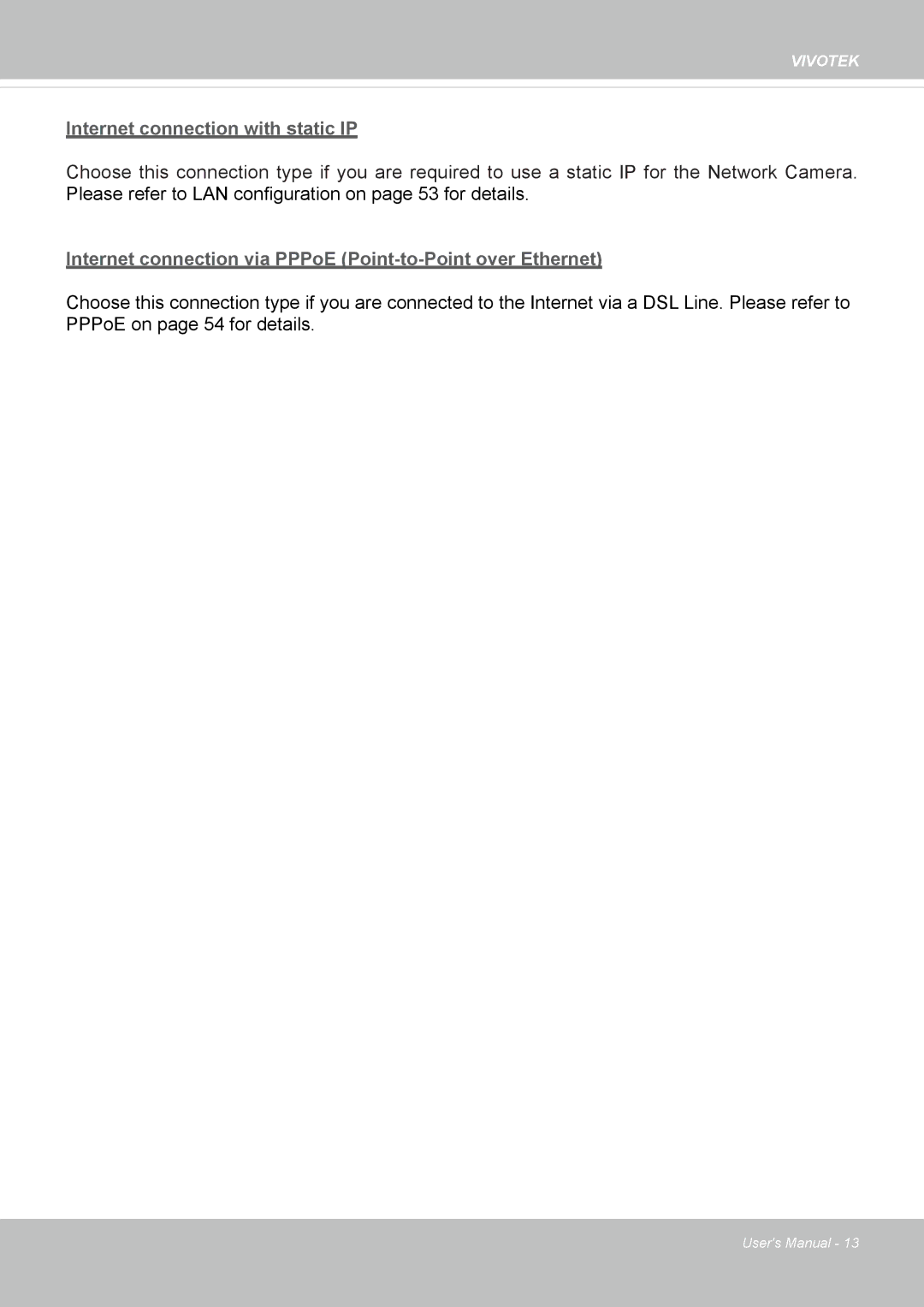 Vivotek IP8335H manual Internet connection with static IP 