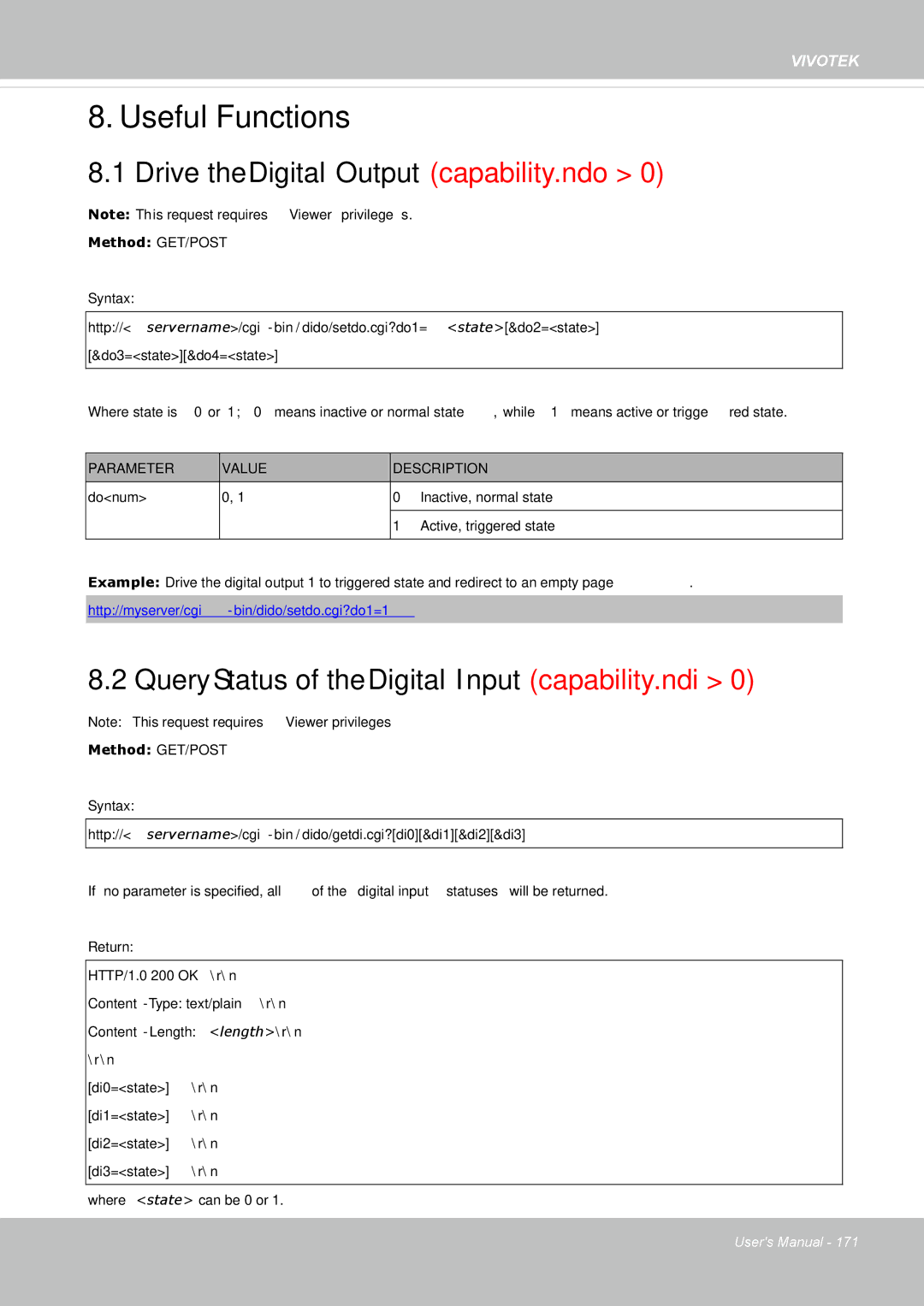 Vivotek IP8335H manual Drive the Digital Output capability.ndo, Query Status of the Digital Input capability.ndi 