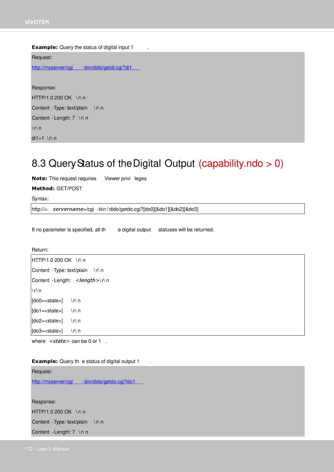 Vivotek IP8335H manual Query Status of the Digital Output capability.ndo, Http//myserver/cgi-bin/dido/getdi.cgi?di1 