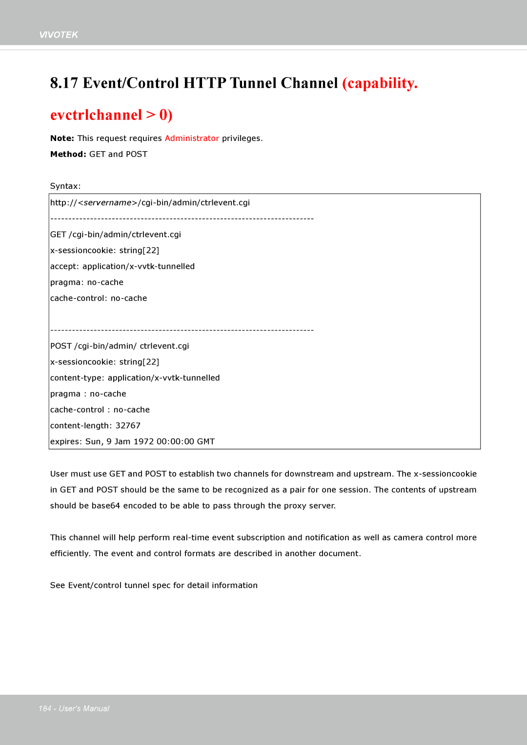 Vivotek IP8335H manual Event/Control Http Tunnel Channel capability. evctrlchannel 