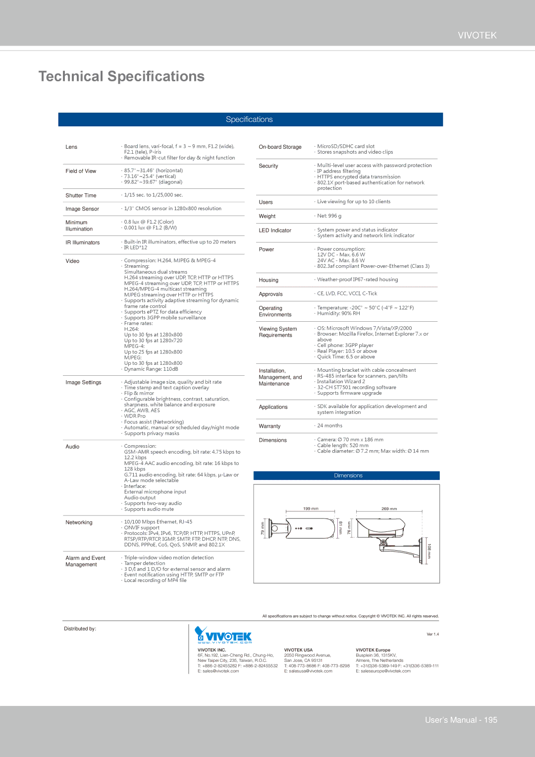 Vivotek IP8335H manual Technical Specifications, Speciﬁcations 