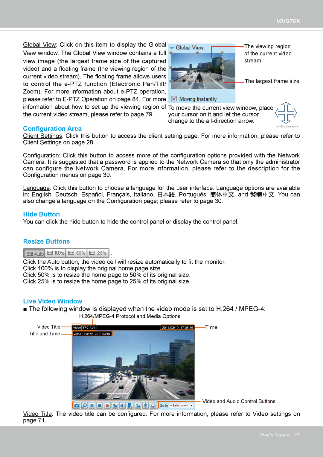 Vivotek IP8335H manual Configuration Area, Hide Button, Resize Buttons, Live Video Window 