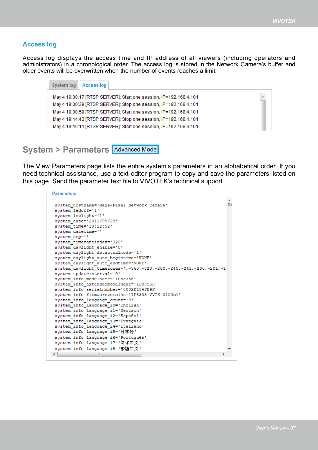 Vivotek IP8335H manual System Parameters, Access log 