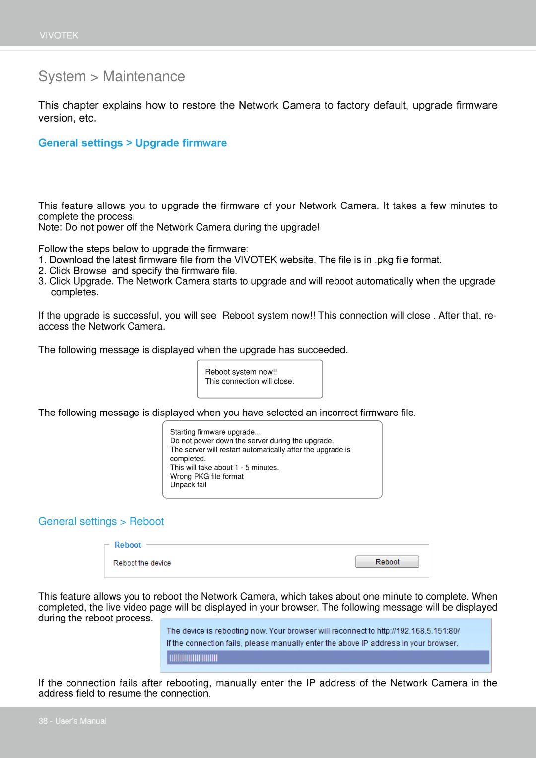 Vivotek IP8335H manual System Maintenance, General settings Upgrade firmware, General settings Reboot 