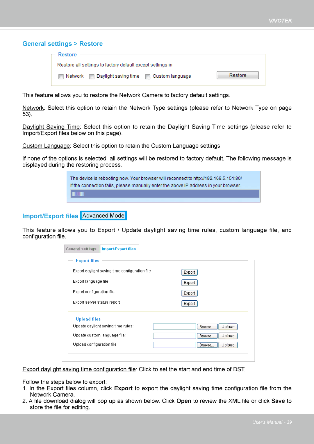 Vivotek IP8335H manual General settings Restore, Import/Export files 