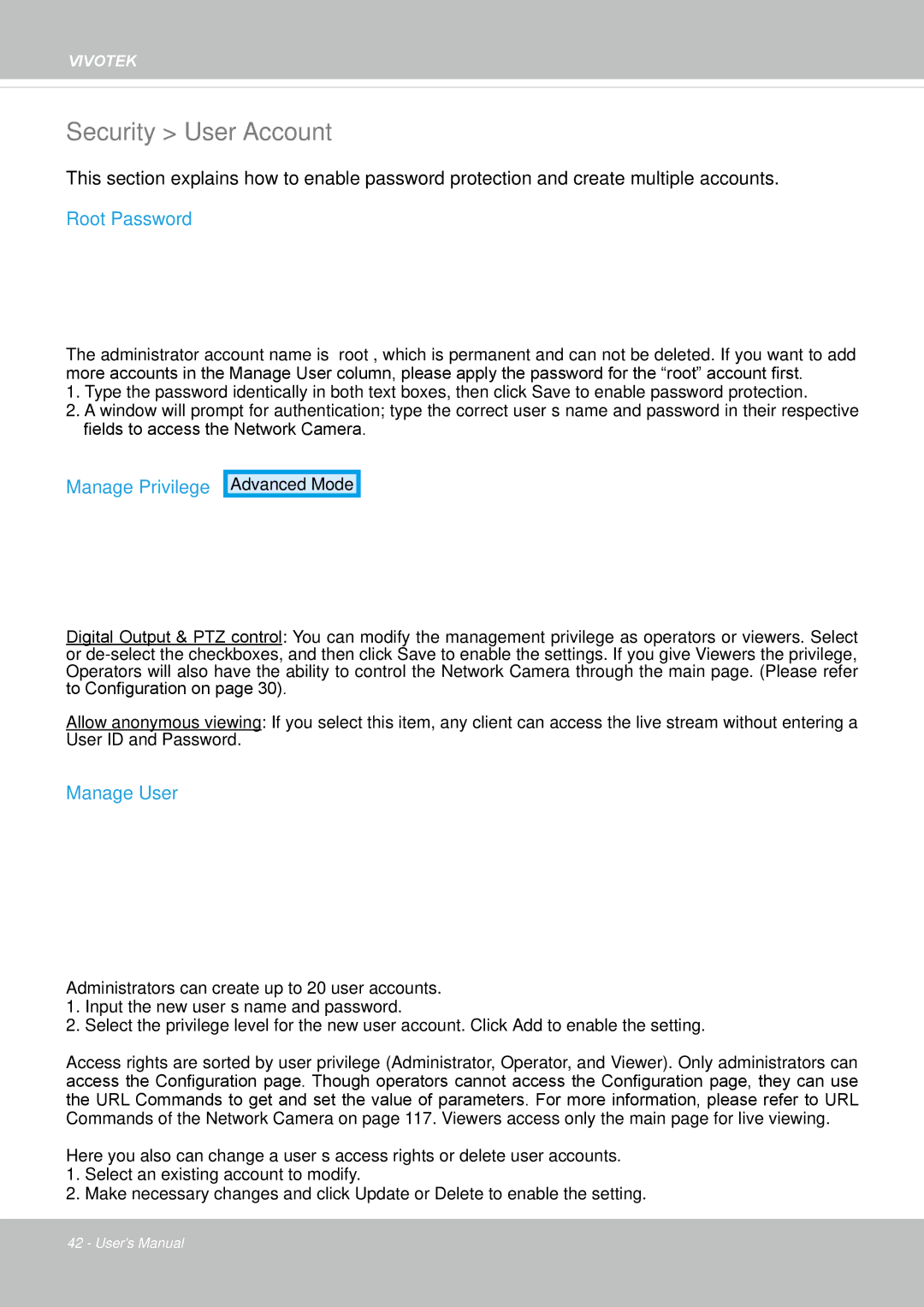 Vivotek IP8335H manual Security User Account, Root Password, Manage Privilege, Manage User 