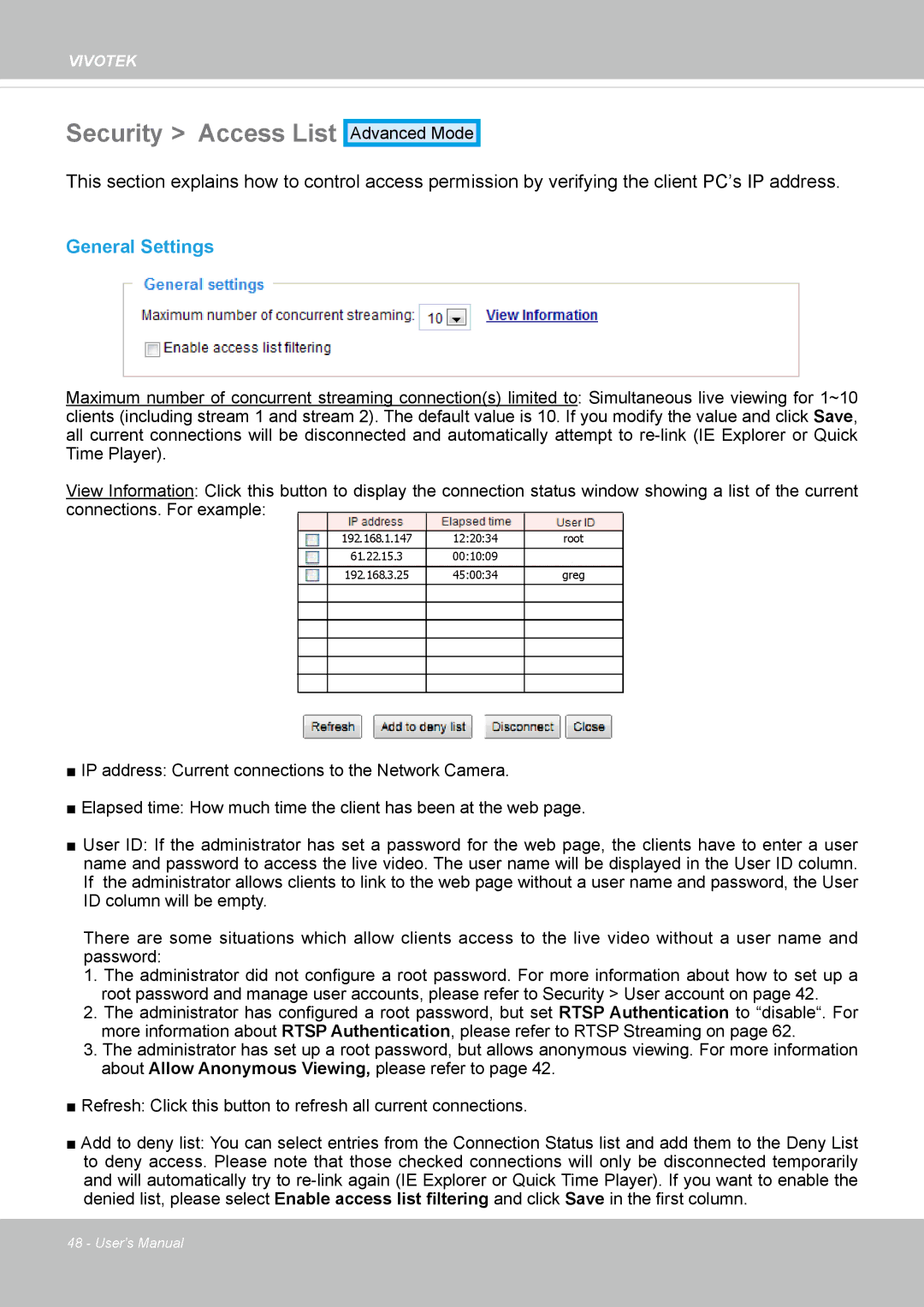 Vivotek IP8335H manual Security Access List, General Settings 