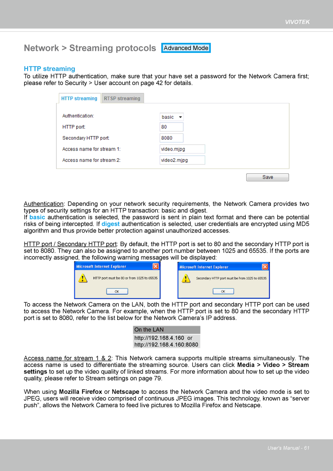 Vivotek IP8335H manual Network Streaming protocols, Http streaming 